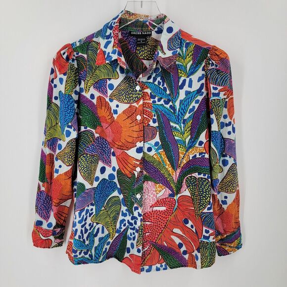 Dress Nado Blouse Women's Small Button Up Colorful Tropical Print Puff Shoulder - Picture 5 of 10